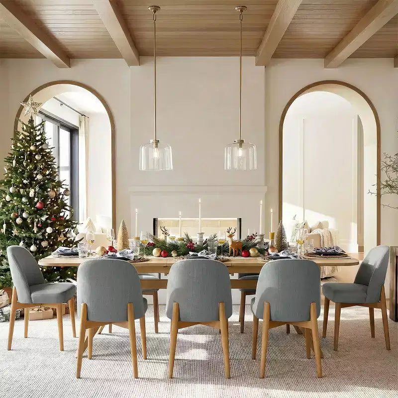 Ensemble de salle à manger 9 pièces pour 8 personnes, table extensible à piètement en tréteau avec chaises rembourrées à pieds en bois massif-Panipeachy