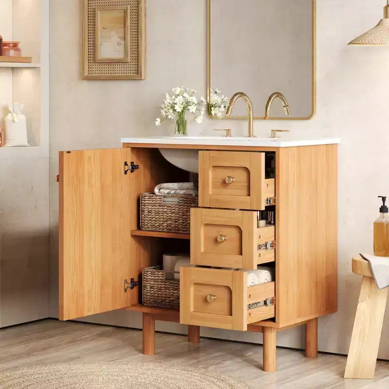 JVNOXK 30-inch Rustic Modern Ceramic Vanity Cabinet with 3 Drawers and 1 Large Soft-Close Door, Storage Cabinet, Natural Wood Grain