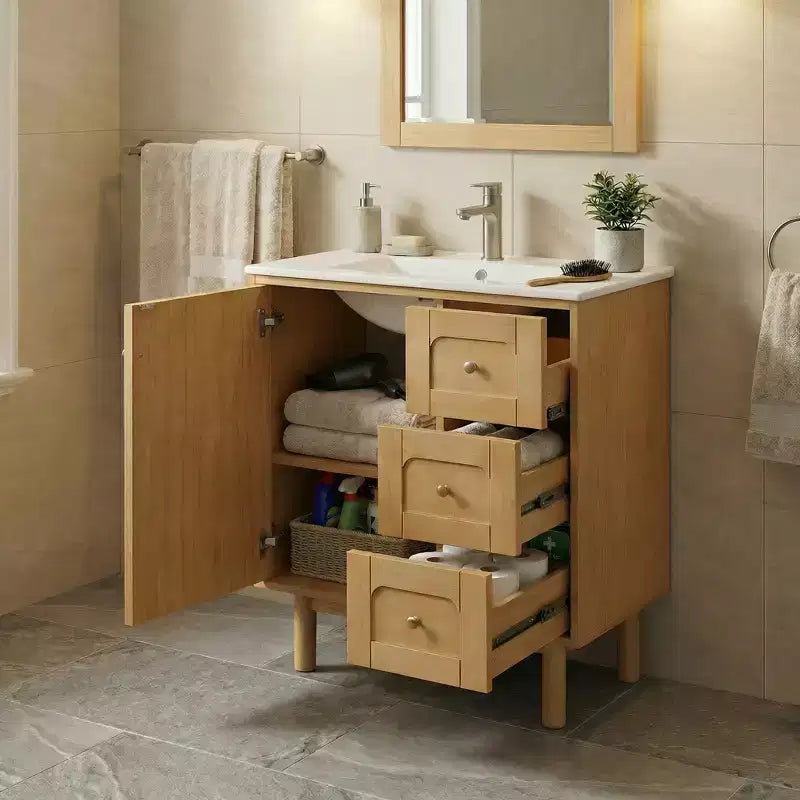 JVNOXK 30-inch Rustic Modern Ceramic Vanity Cabinet with 3 Drawers and 1 Large Soft-Close Door, Storage Cabinet, Natural Wood Grain
