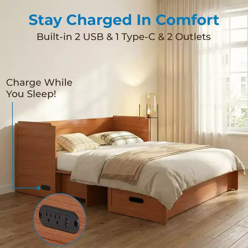 Mjkone Queen Size Convertible Murphy Cabinet Bed with USB Charging, Storage Drawers,No Mattress Included