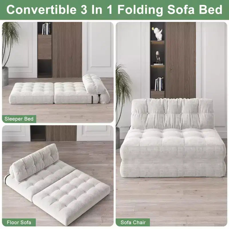 Canapé-lit futon pliant en velours côtelé, fauteuil convertible au sol avec coussin et soutien dorsal, format double
