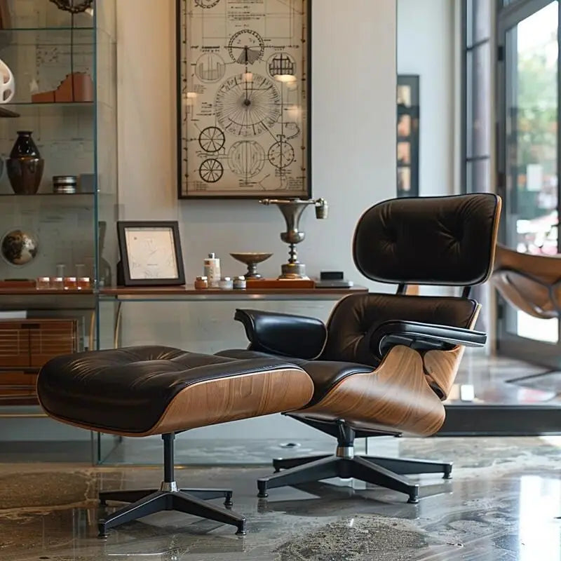 Fauteuil d’appoint et pouf Furgle en cuir véritable, bois de noyer