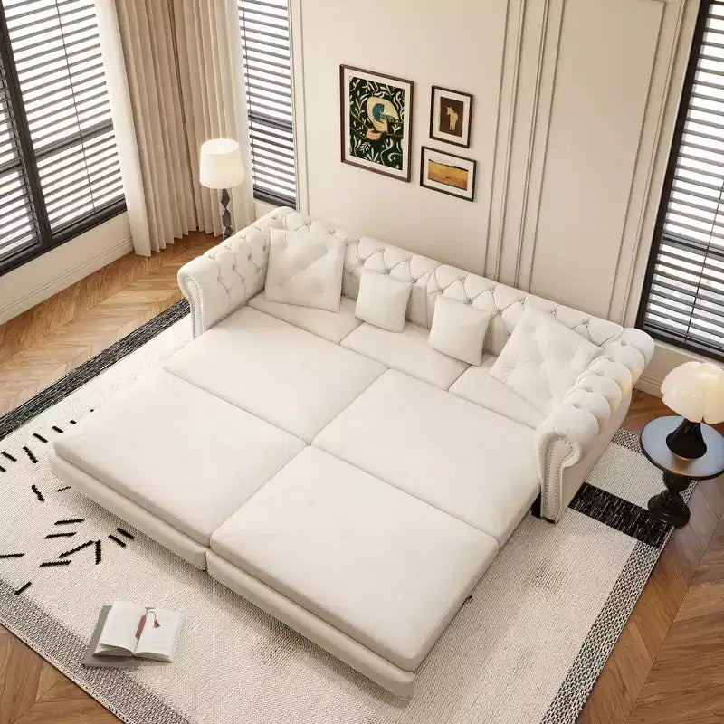 Whisen Samt-Schlafsofa in King-Size mit Ausziehfunktion und 3-in-1-Funktion, wandelbares Schlafsofa mit beweglichem Hocker und Steppdesign