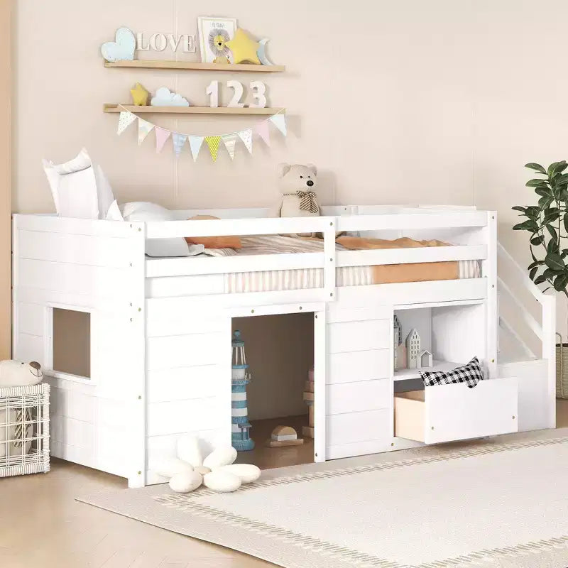 Okak Solid Wood Twin Loft Bed with Stairs & Storage,Low Profile Bunk Beds Twin with Drawers & Shelves,Multi-Functional Loft Beds for Kids,Teens