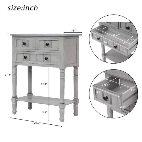 Mesa consola estrecha de 23,7 pulgadas con 3 cajones y estante, mesa para sofá para entradas o salones pequeños