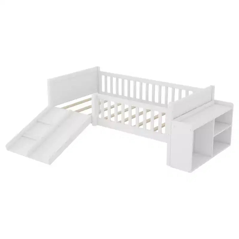 Whisen Twin Size Low Loft Bed Frame for Kids with Slide, Movable Bookshelf Storage, Guardrails, Low Loft Bed Frame