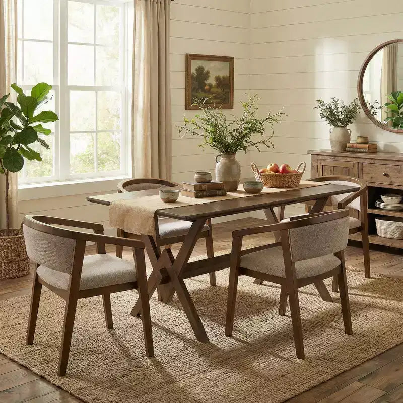 Set da pranzo moderno di metà secolo Christopher Knight Home Simon, 5 pezzi, in legno di caucciù con sedie imbottite in bouclé