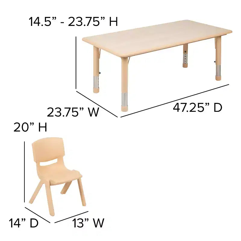Emma and Oliver rechthoekige kunststof activiteitentafelset van 23,625W x 47,25L met verstelbare hoogte en 6 stoelen