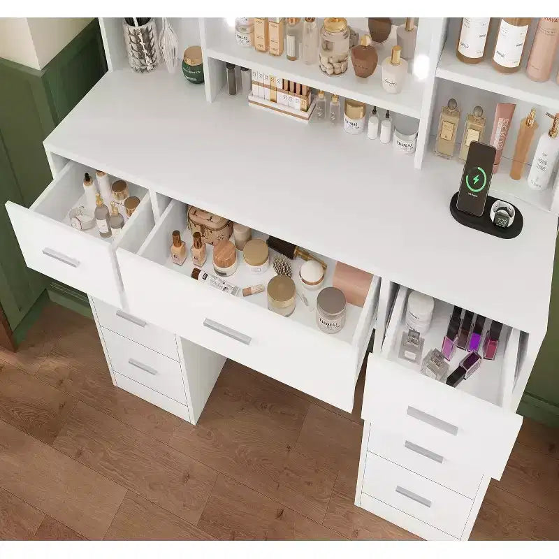 BALHAM TRADE-Vanity Desk with Mirror and Lights 9 Drawers 6 Shelves 3 Lighting Modes Adjustable Brightness