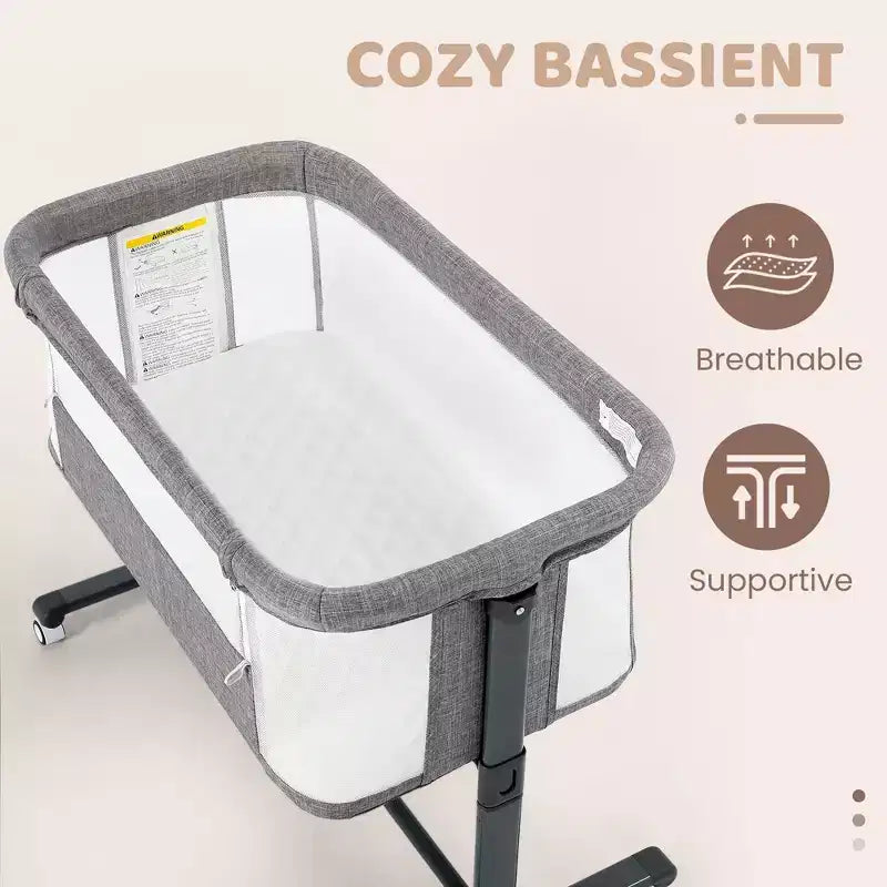 Babywiegje met wielen – beige / grijs / roze, wiegje naast het bed, voor 1 baby