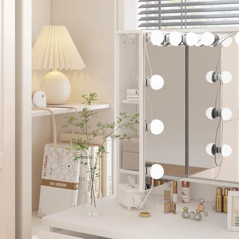 Luksusowa toaletka do makijażu LED z 9 szufladami, elegancka stacja do makijażu