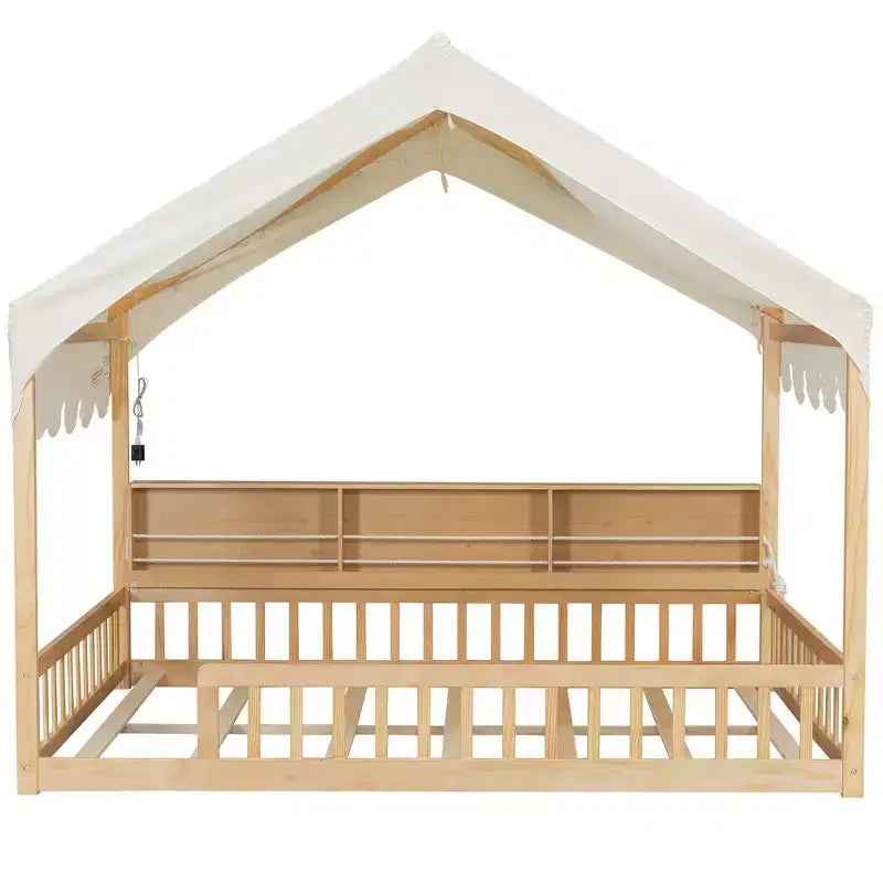 Whisen Full Size Wooden Floor Bed Frame, House-Shaped Daybed with Fense, 3 Storage Bookshelves, Curtain