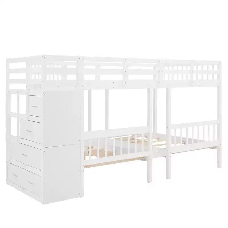 Whisen Full Over Twin & Twin Bunk Bed, Wood Triple Bunk Bed with Drawers and Guardrails