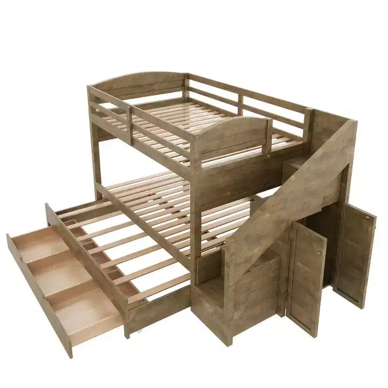 Whisen Twin XL Bunk Bed Frame with Trundle, Bunk Bed with Storage, Bunk Bed with Solid Wood, Storage Staircase, Wardrobe, 3Drawer, for Kids