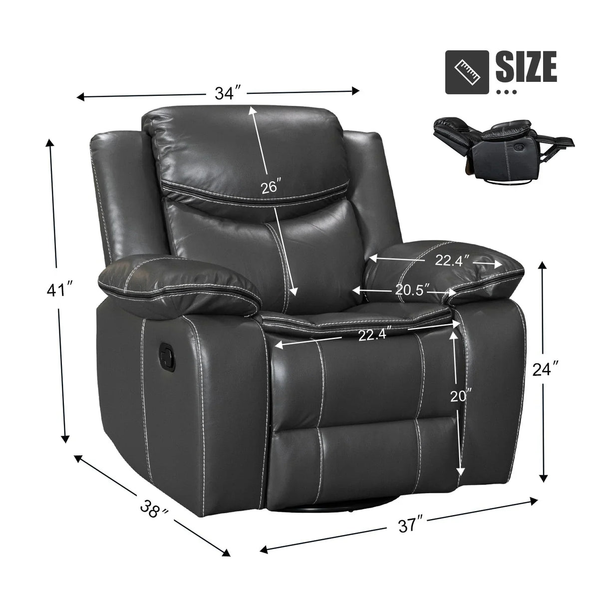 Fauteuil inclinable de massage et chauffant en cuir durable à assise large