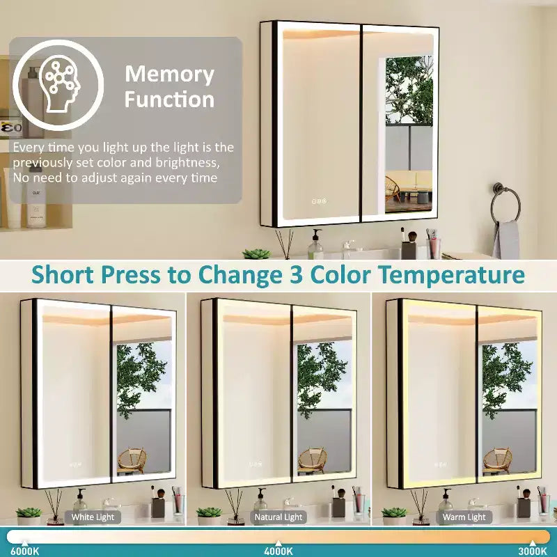Bathroom Medicine Cabinet with LED Mirror, Surface or Recessed Mount, Dimmable Light, Anti-Fog, Adjustable Shelving