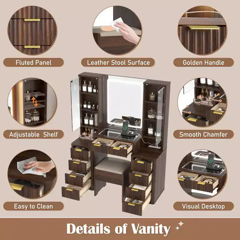 JVNOXK 43.5-inch Modern Vanity Set with Mirror and Light, Featuring Drawers and Clear Glass Cabinet, Includes Stool and Charging Station, Brown