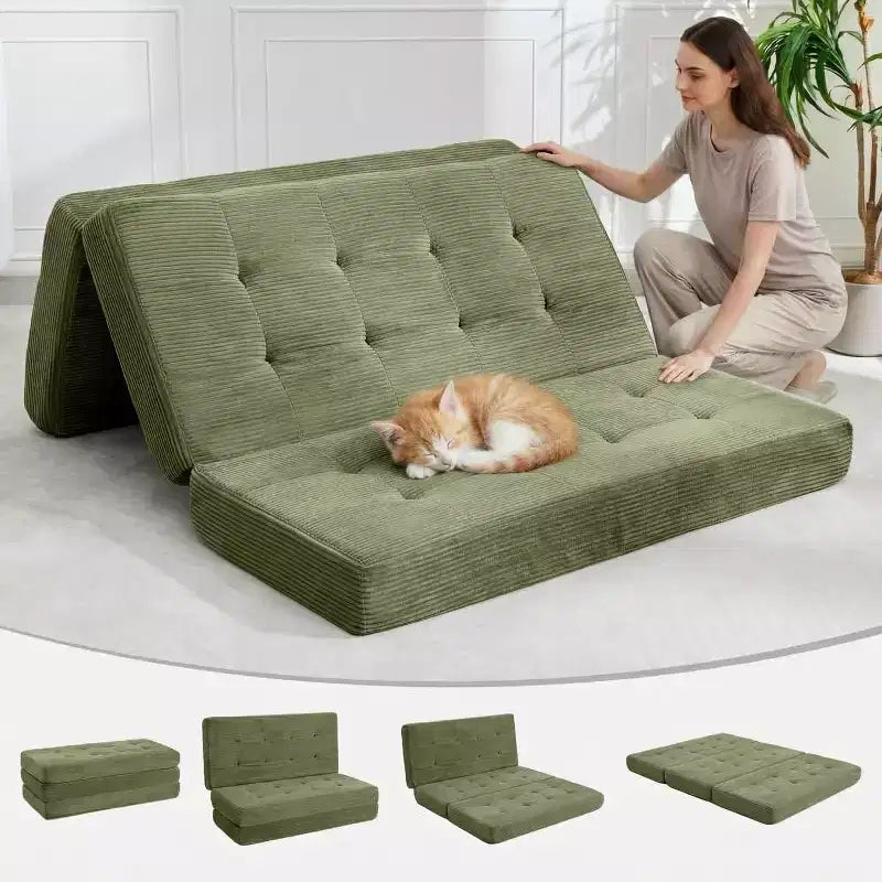 SunnyFurn 6 hüvelykes, háromrészre hajtható matracos kanapéágy, 75 × 54,3 hüvelykes habszivacs összecsukható vendégágy steppelt kordbársony huzattal, hordozható kempingezéshez, nappaliba és hálószobába