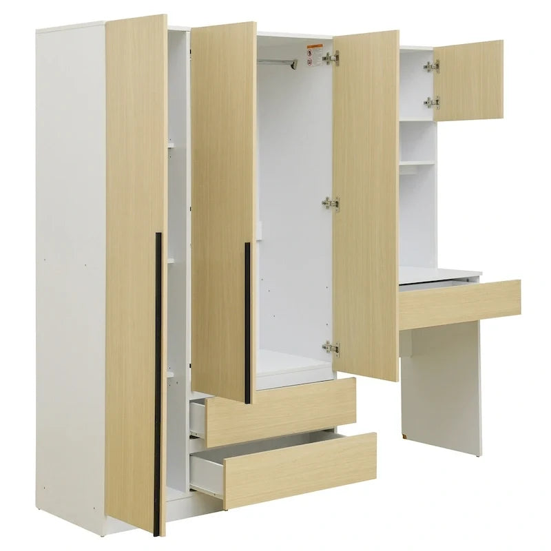 3-in-1 Wardrobe Closet with Vanity Desk, Desk Set, Bedroom Armoire with 2 Drawers 3-Door Storage Desk Wardrobe