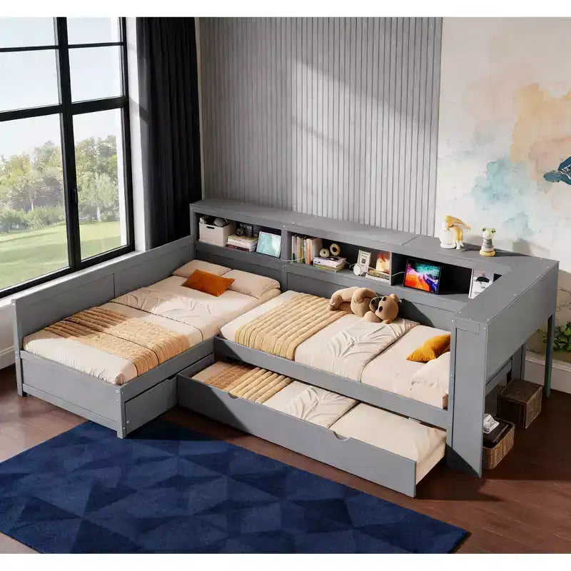 L-förmiges Plattformbett in Twin-Größe mit Ausziehbett und Ladestation, Holzbettrahmen mit Bücherregal