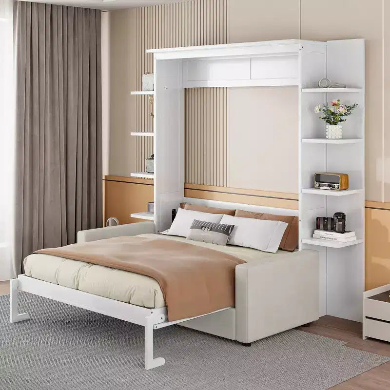 Whisen modern kialakítású, fa keretes, queen size Murphy-ágy kanapéval és polcokkal