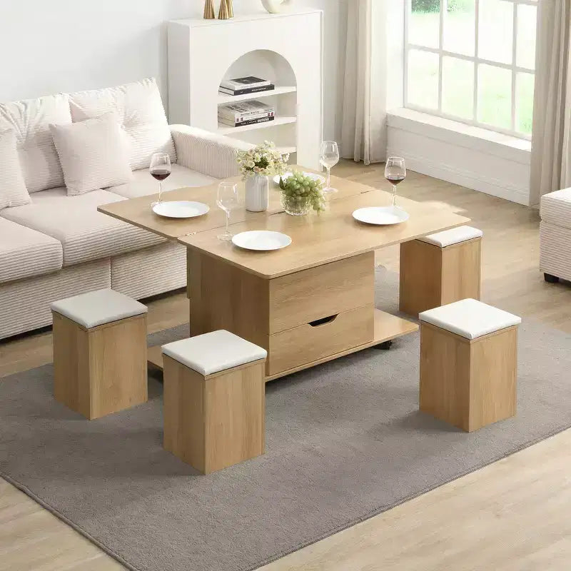 Table basse moderne multifonctionnelle relevable avec rangement dissimulé, 4 tabourets et roulettes, idéale pour les espaces de vie modernes