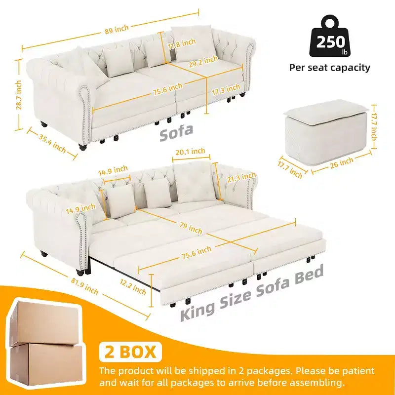 Whisen Samt-Schlafsofa in King-Size mit Ausziehfunktion und 3-in-1-Funktion, wandelbares Schlafsofa mit beweglichem Hocker und Steppdesign