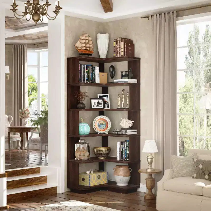 6-tier Corner Bookshelf, Space-saving Display Shelving Unit