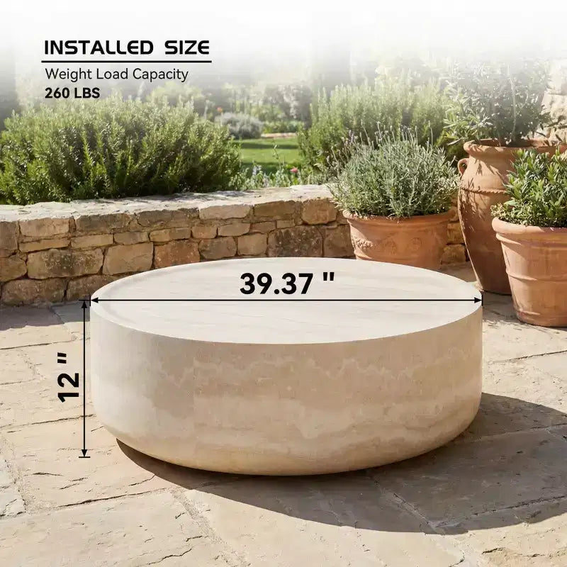 JVNOXK ronde salontafel van imitatie-travertijn met structuur, 39,37 inch, moderne tafel met imitatiemarmerpatroon voor de woonkamer (geen montage nodig)