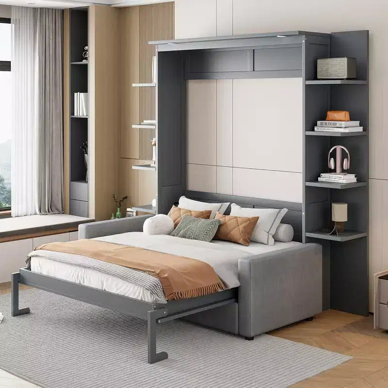 Lit escamotable mural Whisen au format queen, avec cadre en bois, canapé et étagères, au design moderne