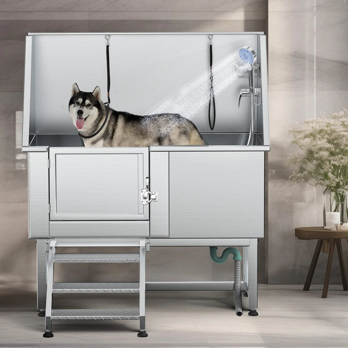 50'' W Stainless Steel Adjustable Pet Grooming Tub with Steps Ramp