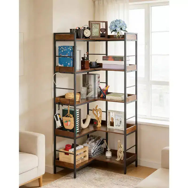 Eckregal in L-Form mit 5 Ebenen, 65 Industrie-Bücherregal aus Holz und Metall (Rustikales Braun), wendbarer Stauraum für Wohnzimmer, Schlafzimmer und Heimbüro