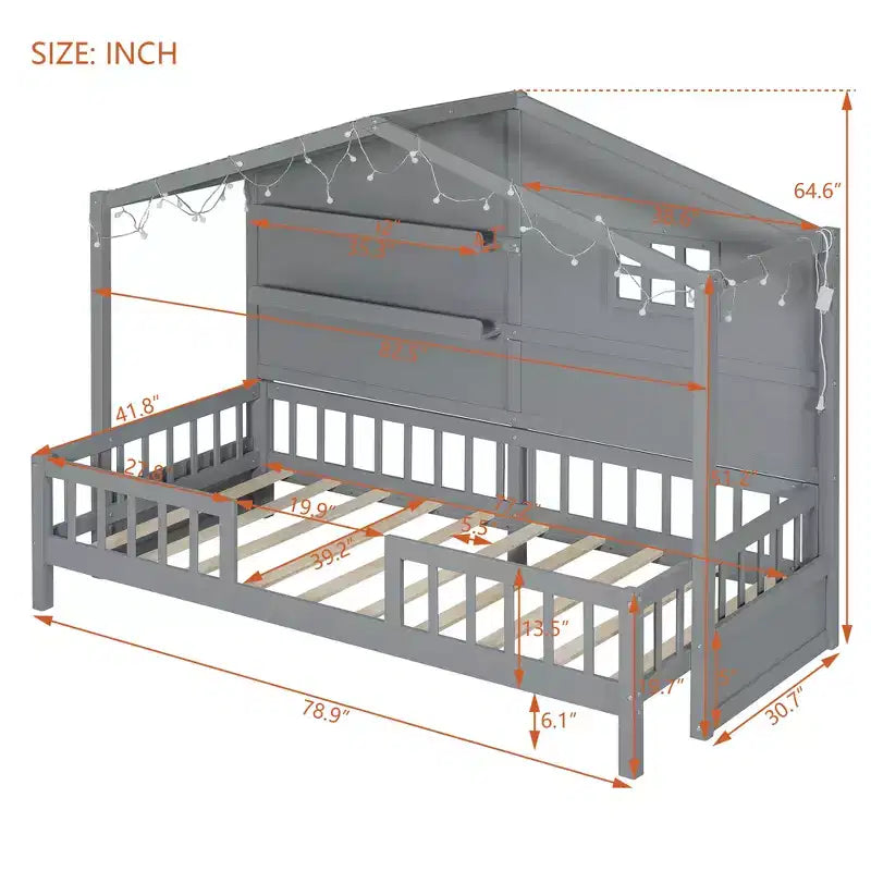 Twin Size House Bed with Storage Shelves and Rails, Wood Kids Montessori Bed Frame with Window and Sparkling Light Strip