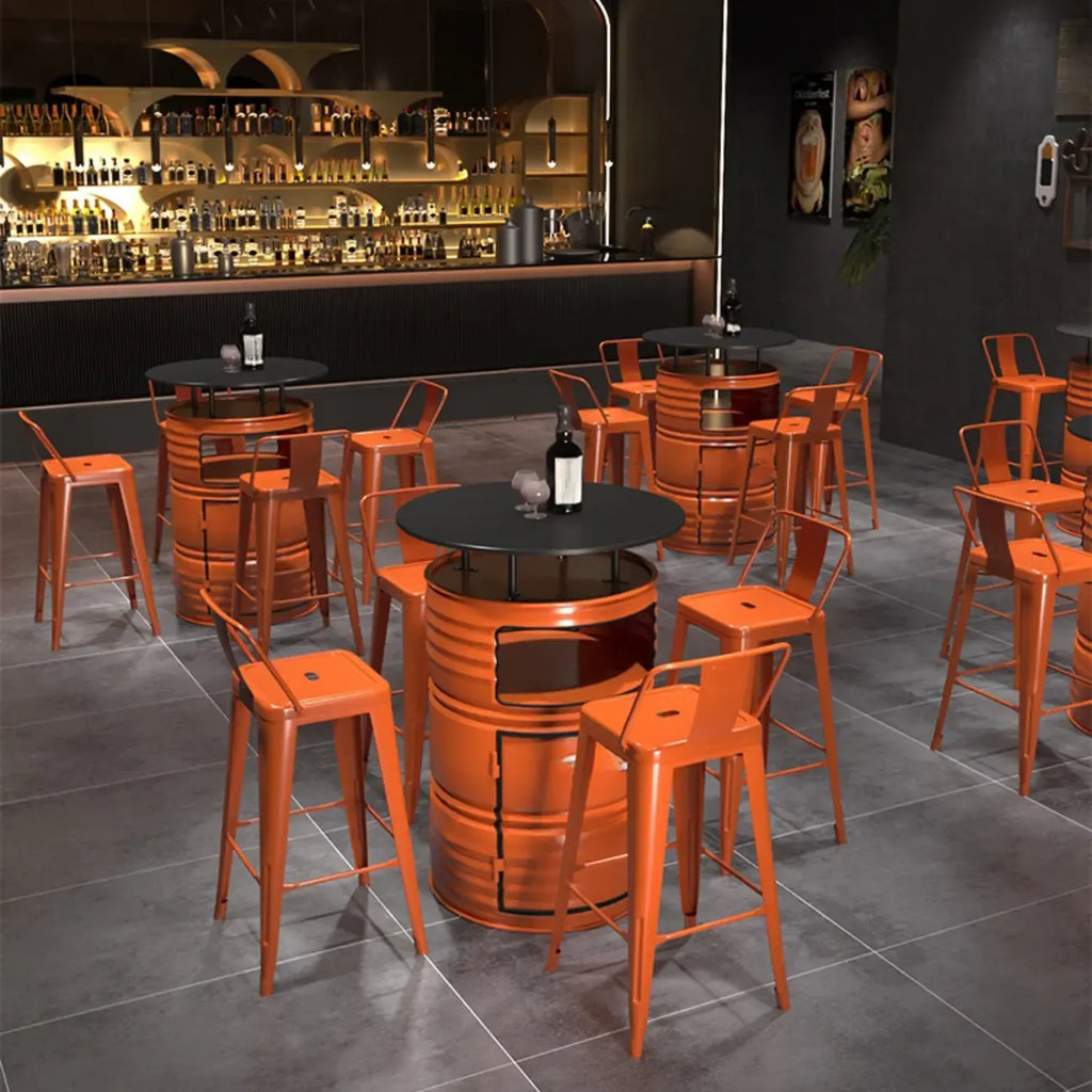 Tables de bar industrielles en métal noir et orange en forme de fût pour rangement