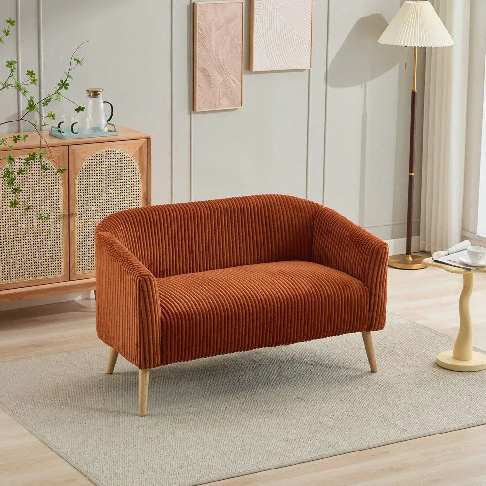 2-zitsbank met bekleding van corduroy en houten poten in walnootkleur