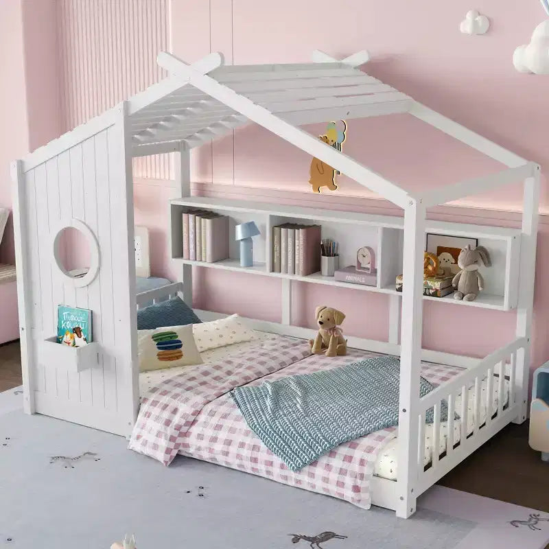 Twin/Full Size House Platform Bed Frame Toddler Floor Bed Kids Montessori Bed Playhouse Bed with Storage Shelf - ModernLuxe