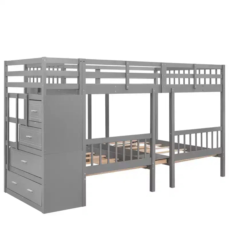 Whisen Full Over Twin & Twin Bunk Bed, Wood Triple Bunk Bed with Drawers and Guardrails