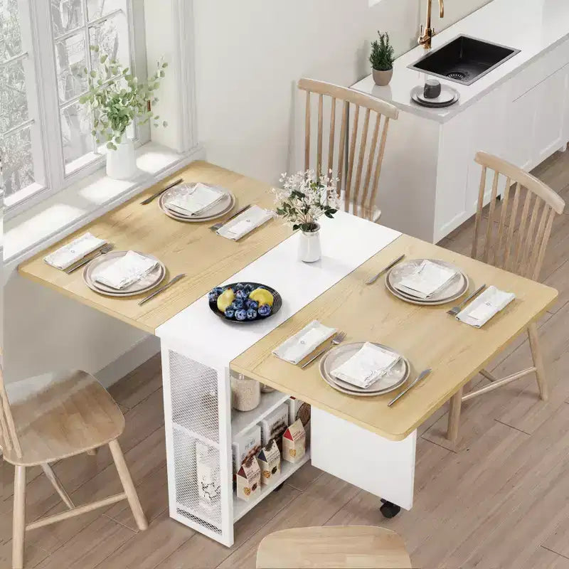 Inklapbare eettafel voor de keuken, ruimtebesparende eettafel, uitschuifbare keukentafel met neerklapbaar blad en 6 wielen voor kleine ruimtes