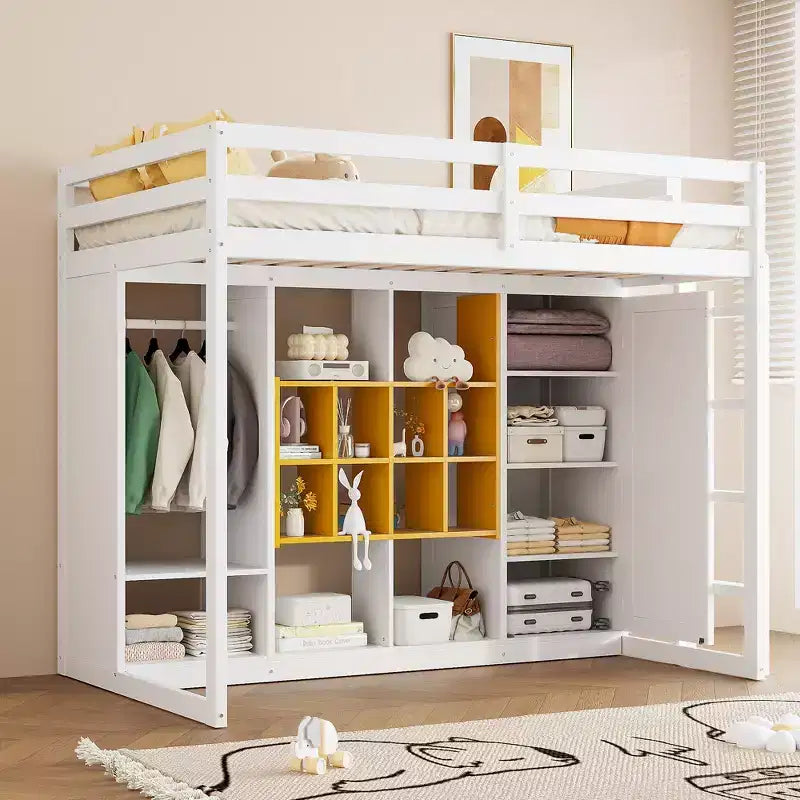 Kids Loft Bed with Wardrobe and Shelves, Wooden Loft Bed Frame with Storage Cabinet for Kids Teens
