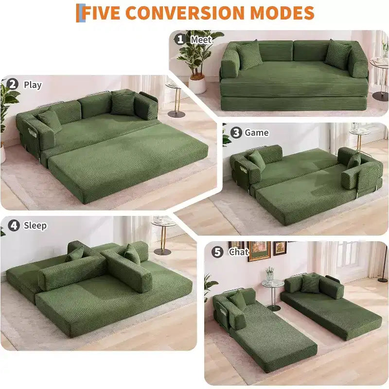 5-in-1-Schlafsofa, 78,8 Zoll, modulares Corduroy-Schlafsofa mit stabilem Rahmen, vielseitiger Futon für kleine Räume, Wohnzimmer und Gästezimmer