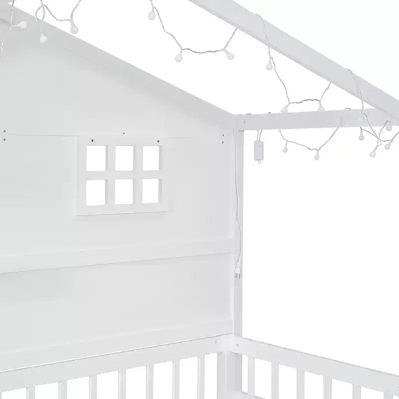 Twin Size House Bed with Storage Shelves and Rails, Wood Kids Montessori Bed Frame with Window and Sparkling Light Strip