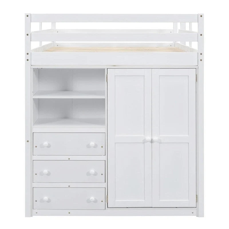 Full Size Wood Loft Bed with Built-in Wardrobe, Desk, Storage Shelves and Drawers