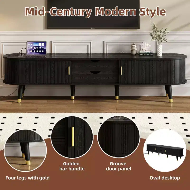 CLIHOME TV-Schrank und Couchtisch-Set aus Holz im Landhausstil mit Ladestation, ovale geriffelte Medienkonsole für Fernseher bis zu 80