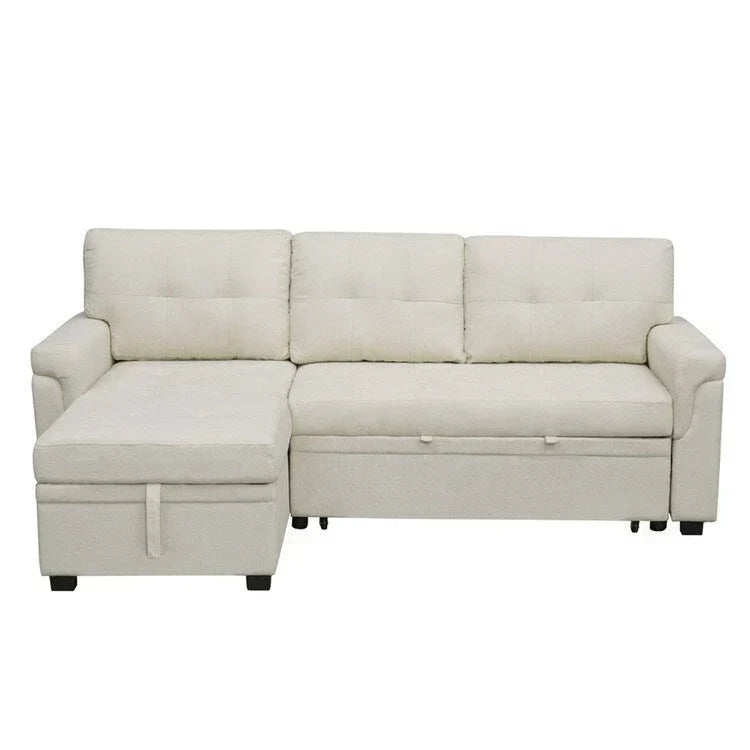 Divano componibile reversibile trasformabile con letto estraibile, chaise longue con contenitore nascosto e gambe resistenti