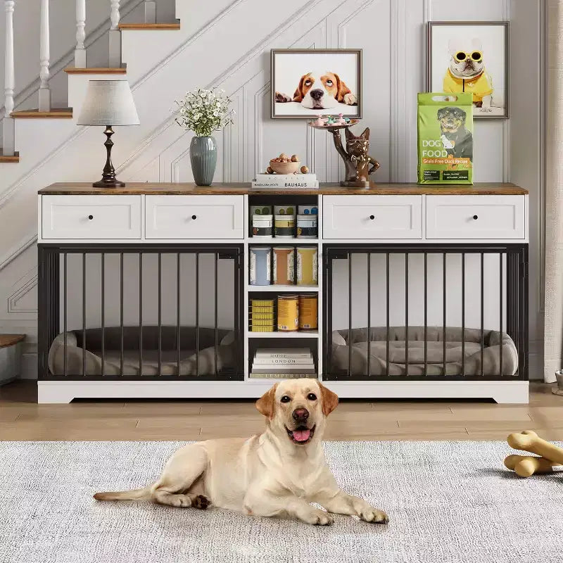 82 Cuccia doppia per cani in stile mobile, grande kennel per interni per 2 cani, cuccia in legno resistente con supporto TV, 4 cassetti e ripiani