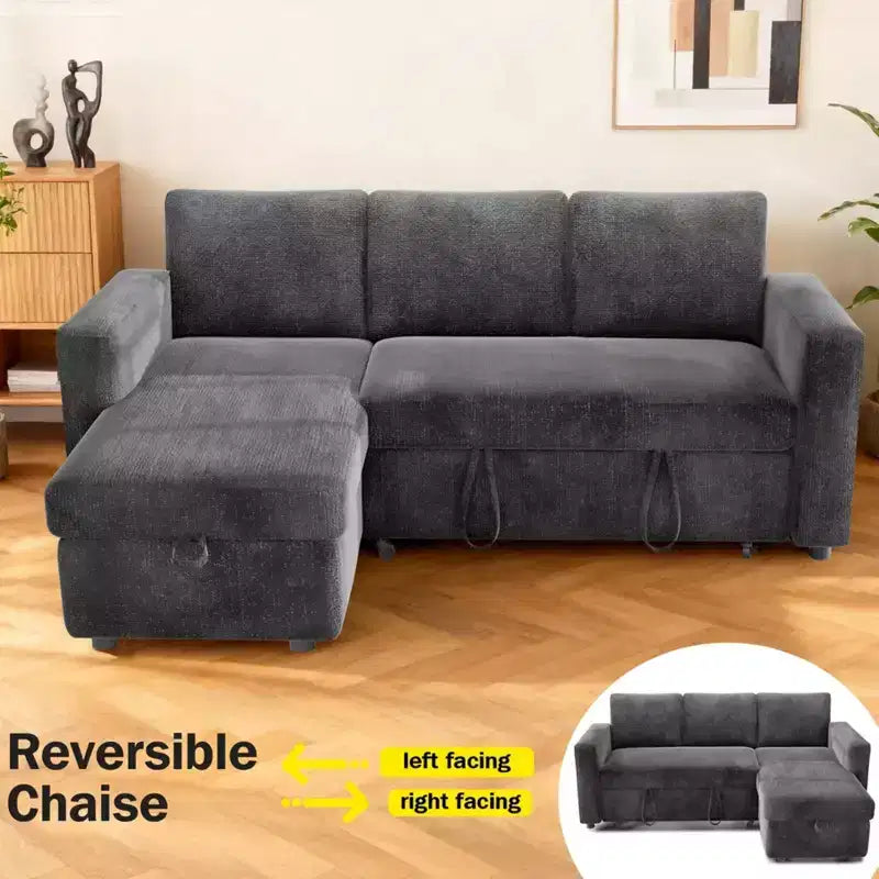 2-in-1-Ausziehsofa mit Stauraum und Ottomane, Chenille-Ecksofa mit USB-Anschlüssen für das Wohnzimmer