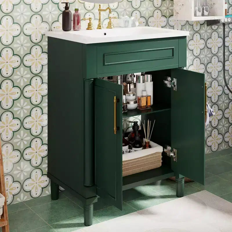 Mobile da bagno da 24 pollici con lavabo in ceramica, mobile in stile Shaker, 2 ante a chiusura ammortizzata, struttura in legno massello per bagno piccolo o bagno di servizio