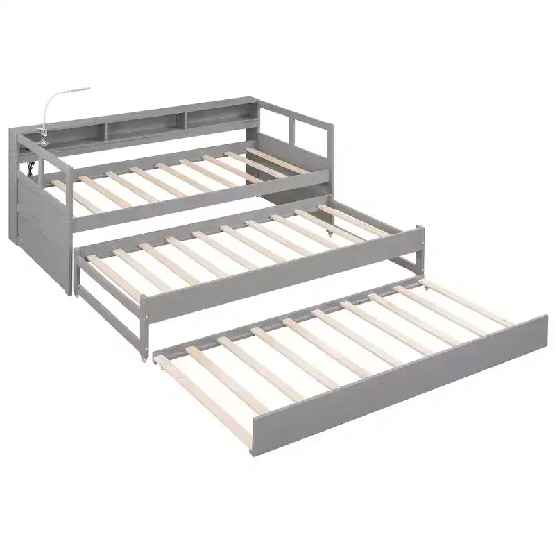 Whisen Twin XL Wood Daybed with 2 Trundles, 3 Storage Cubbies, 1 Light for Free and USB Charging Design