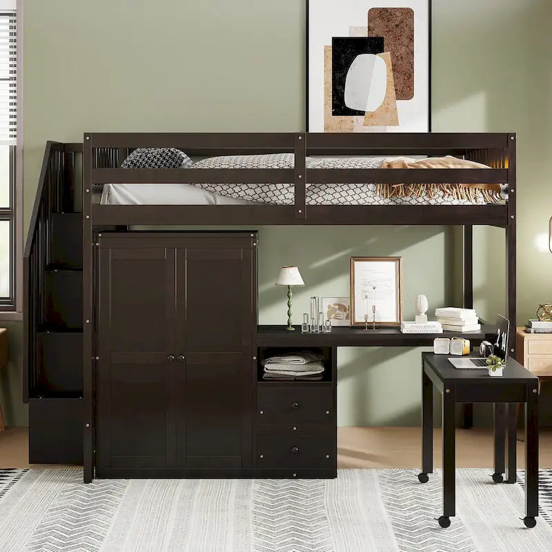 Hochbett in Full-Size mit Treppe, Bücherregal, Schreibtisch und Kleiderschrank – platzsparendes Multifunktionsmöbel für Kinder und Jugendliche – Weiß