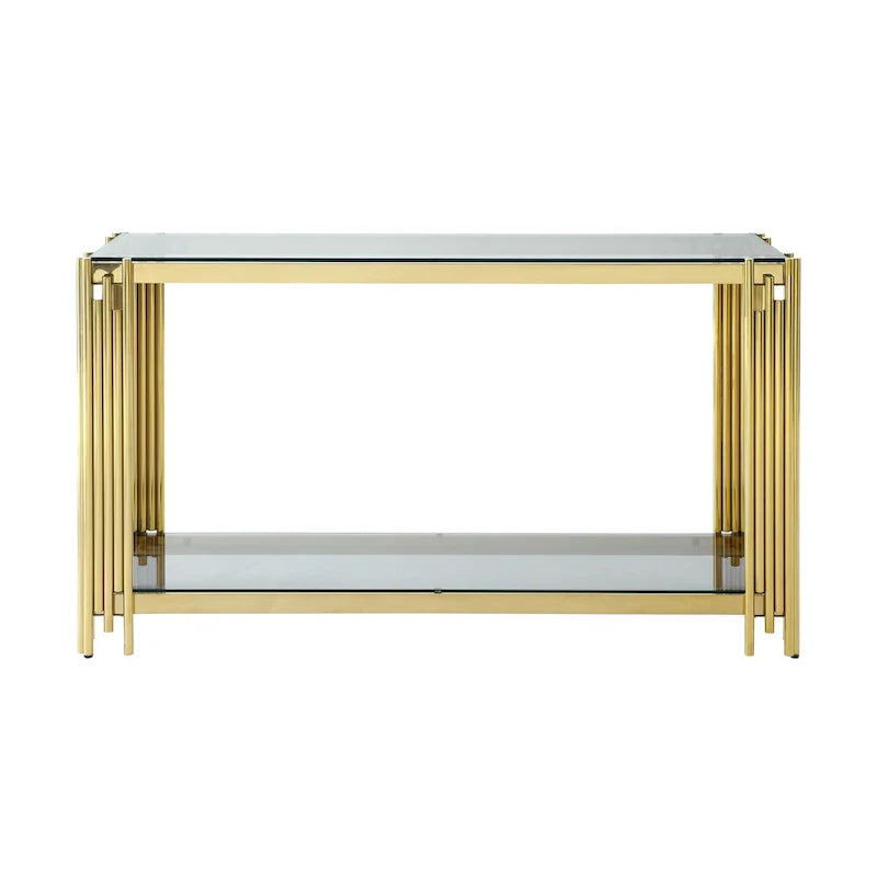 Console étroite à 2 niveaux avec structure en métal finition dorée et plateau en verre trempé